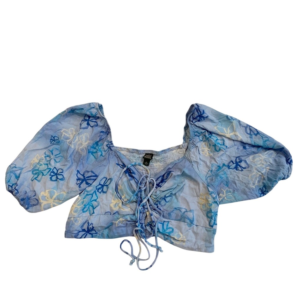 Wild Fable Blue Floral Puff Sleeve Crop Top Smocked Back XL Junior